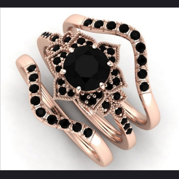 Jewelry - 💎3pc Black Zircon 18k Rose Gold Plated Engagement Ring Set